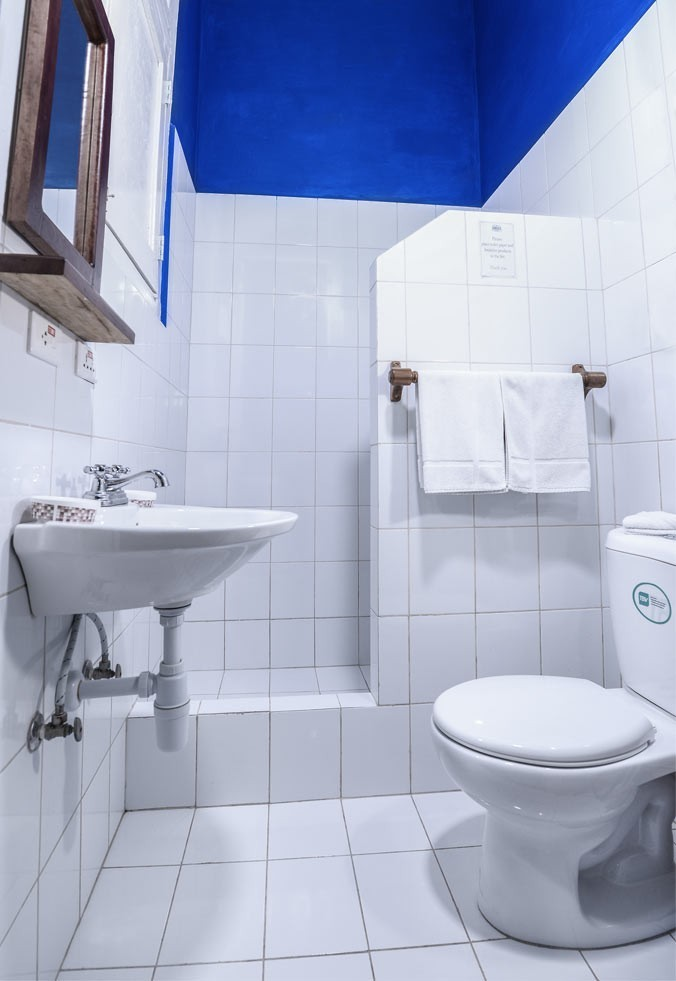 Ensuite bathroom in the blue room in La Gargola guesthouse in Havana, Cuba